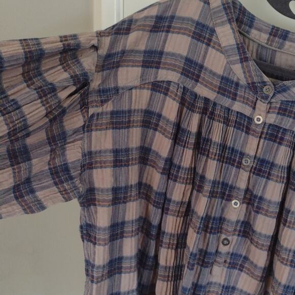 Free People Jessi Plaid Top Grey Combo Balloon Sleeves Oversized Size XS Cotton - Picture 12 of 15